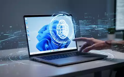 Ein holografisches KI-Assistenten-Symbol über einem modernen Laptop mit Windows 11, das KI-Integration in der Computertechnik symbolisiert. - Foto: über boerse-global.de