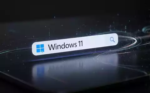 Nahaufnahme einer leuchtenden Windows 11-Suchleiste auf einem dunklen, reflektierenden Desktop, die eine optimierte und effiziente Suche symbolisiert. - Foto: über boerse-global.de