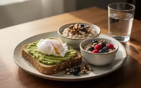 Ein ausgewogenes Frühstück mit Vollkornbrot, Avocado, Ei, Haferbrei mit Nüssen und Beeren sowie einem Glas Wasser. - Foto: über boerse-global.de