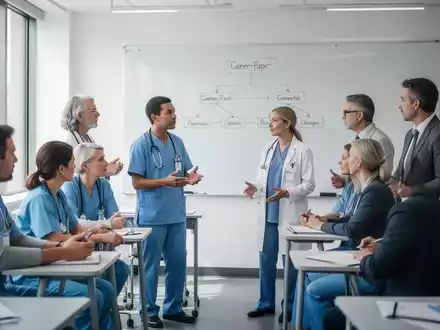 Eine vielfältige Gruppe von Erwachsenen in einem hellen Klassenzimmer, die eine Diskussion über Karrieremöglichkeiten in der Pflege führt. - Foto: über boerse-global.de