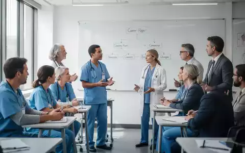 Eine vielfältige Gruppe von Erwachsenen in einem hellen Klassenzimmer, die eine Diskussion über Karrieremöglichkeiten in der Pflege führt. - Foto: über boerse-global.de
