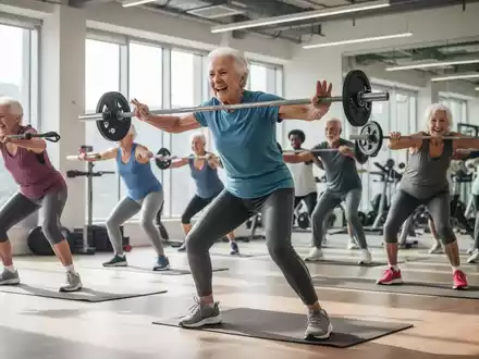 Aktive Senioren trainieren in einem modernen Fitnessstudio, heben Gewichte und nutzen Geräte, um ihre Mobilität und Kraft zu erhalten. - Foto: über boerse-global.de