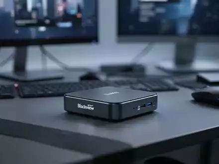 Ein schlanker, kompakter Mini-PC auf einem modernen Schreibtisch, mit unscharfem Monitor und Tastatur im Hintergrund. - Foto: über boerse-global.de