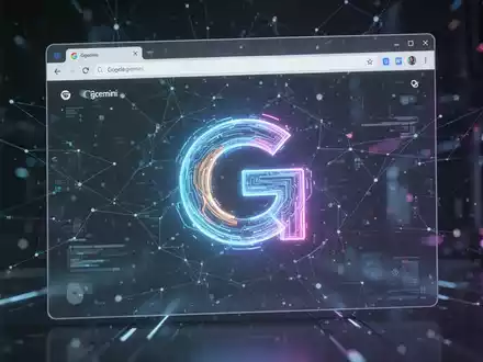 Ein stilisiertes 'G'-Logo in einer futuristischen Browser-Oberfläche, überlagert mit leuchtenden KI-Elementen und digitalen Netzlinien. - Foto: über boerse-global.de