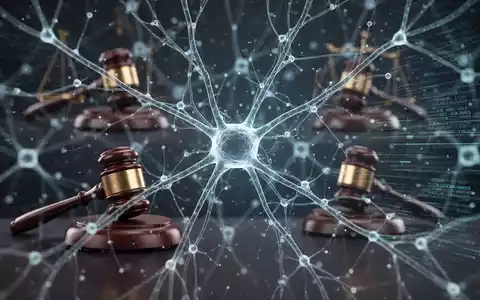 Vernetztes digitales neuronales Netzwerk mit Richthämmern und Datenströmen, Symbol für KI-Regulierung und Governance. - Foto: über boerse-global.de