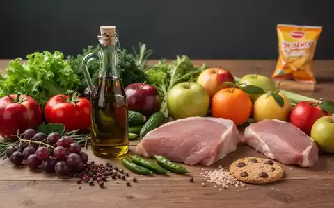 Eine ausgewogene Auswahl an gesunden Lebensmitteln wie Gemüse, Obst und Olivenöl auf einem Tisch, mit wenigen ungesunden Snacks im Hintergrund. - Foto: über boerse-global.de