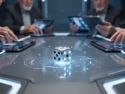 Digitale Würfel rollen auf einem futuristischen Tisch, umgeben von Händen älterer Menschen, die mit Tablets interagieren. - Foto: über boerse-global.de