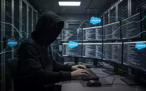Verschwommene Gestalt in Kapuzenjacke tippt an mehreren Bildschirmen, Hacker nutzt Salesforce-OAuth-Schwachstellen. - Foto: über boerse-global.de