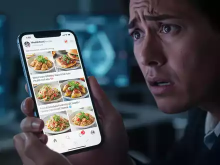 Eine Hand hält ein Smartphone, das einen Social-Media-Feed mit Ernährungsinformationen zeigt, während das Gesicht der Person besorgt wirkt. - Foto: über boerse-global.de