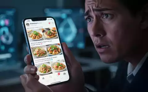 Eine Hand hält ein Smartphone, das einen Social-Media-Feed mit Ernährungsinformationen zeigt, während das Gesicht der Person besorgt wirkt. - Foto: über boerse-global.de