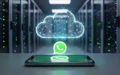Leuchtendes digitales Wolkensymbol über einem Smartphone mit WhatsApp-Logo, abstrakte Server-Racks im Hintergrund. - Foto: über boerse-global.de