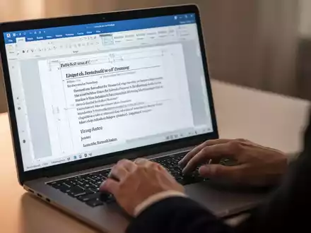 Nahaufnahme von Händen, die auf einem Laptop tippen, mit einem Microsoft Word-Dokument mit formatiertem Text und einer Kopfzeile auf dem Bildschirm. - Foto: über boerse-global.de