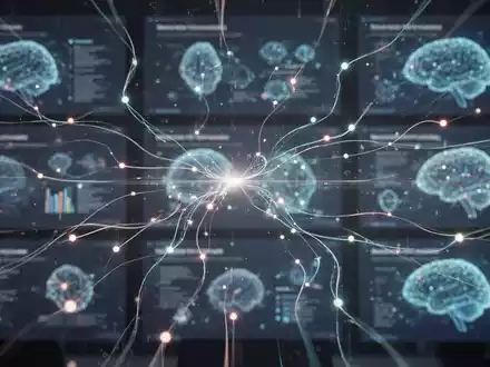 Abstrakte Visualisierung digitaler Daten, Konnektivität und leuchtender Linien über unscharfen Präsentationsfolien, die den Einfluss von KI auf Designtools symbolisieren. - Foto: über boerse-global.de