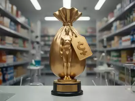 Eine goldene Trophäe in Form eines Windbeutels, umgeben von verschwommenen Lebensmittelprodukten, symbolisiert irreführende Werbung. - Foto: über boerse-global.de
