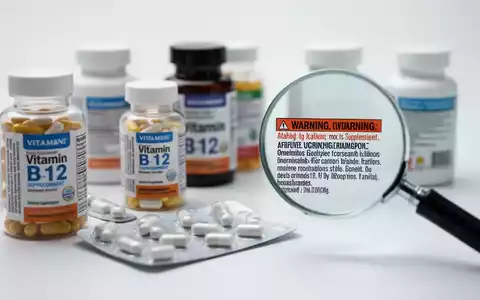 Nahaufnahme von Vitamin-B12-Nahrungsergänzungsmitteln, einige verschwommen, neben einer Lupe, die ein Warnetikett hervorhebt. - Foto: über boerse-global.de
