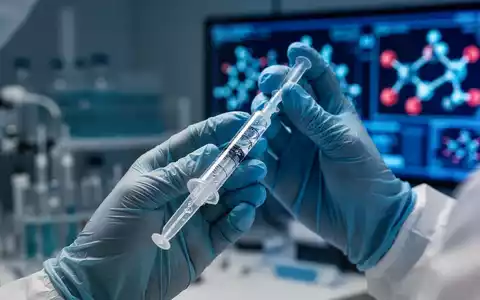 Nahaufnahme von Händen in sterilen Handschuhen, die eine Spritze mit einer klaren Flüssigkeit in einem Labor halten. - Foto: über boerse-global.de