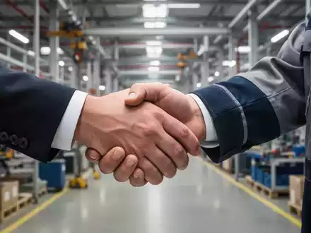 Zwei Hände, eine im Anzug und eine in Arbeitskleidung, schütteln sich fest, vor einem verschwommenen Hintergrund einer Fabrik. - Foto: über boerse-global.de