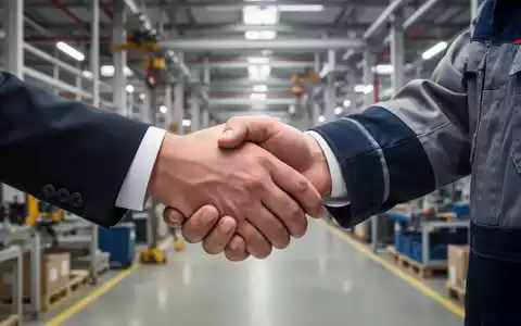 Zwei Hände, eine im Anzug und eine in Arbeitskleidung, schütteln sich fest, vor einem verschwommenen Hintergrund einer Fabrik. - Foto: über boerse-global.de