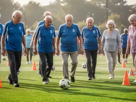 Ältere Männer und Frauen spielen Walking Football auf einem grünen Rasenfeld. Sie gehen, nicht rennen, und konzentrieren sich auf den Ball. - Foto: über boerse-global.de