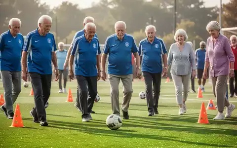 Ältere Männer und Frauen spielen Walking Football auf einem grünen Rasenfeld. Sie gehen, nicht rennen, und konzentrieren sich auf den Ball. - Foto: über boerse-global.de