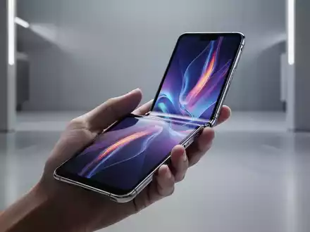 Schlankes, aufgeklapptes Falt-Smartphone mit breitem Bildschirm, in einer Hand vor unscharfem, modernem Hintergrund. - Foto: über boerse-global.de
