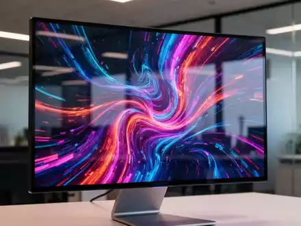 Nahaufnahme eines modernen, hochauflösenden Computermonitors mit lebendigen abstrakten Grafiken in einem professionellen Umfeld. - Foto: über boerse-global.de