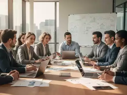 Eine Gruppe von Immobilienfachleuten nimmt an einer Schulung in einem modernen Konferenzraum teil, diskutiert und teilt Wissen. - Foto: über boerse-global.de