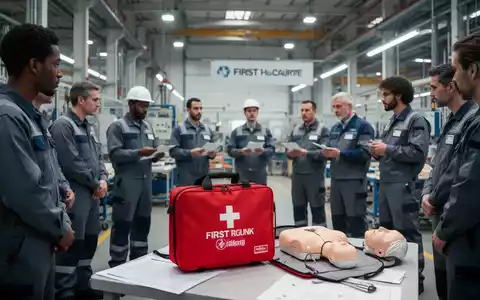 Arbeiter in einer modernen Fabrik erhalten eine Schulung in Erster Hilfe, wobei ein Erste-Hilfe-Kasten im Vordergrund steht. - Foto: über boerse-global.de