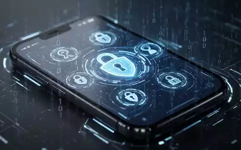 Nahaufnahme eines Smartphone-Bildschirms mit abstrakten digitalen Sicherheitssymbolen und Code, sanft beleuchtet. - Foto: über boerse-global.de