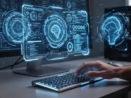 Stilisierte Darstellung eines Computerbildschirms mit KI-gestützter Systemdiagnose, Hand auf Tastatur, symbolisiert PC-Einblicke. - Foto: über boerse-global.de
