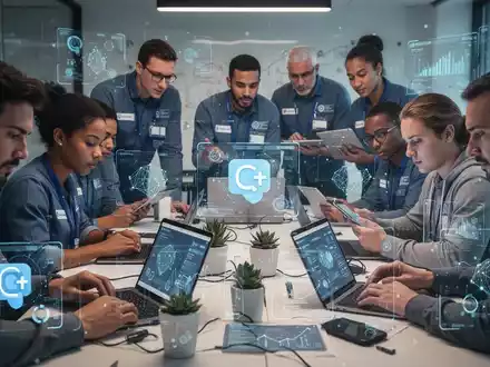 Freiwillige und öffentliche Bedienstete in einem Workshop, die an Laptops und Tablets arbeiten und KI-Tools wie ChatGPT für Produktivität lernen. - Foto: über boerse-global.de