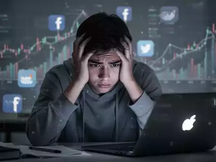 Ein junger Student mit den Händen am Kopf, der gestresst vor einem verschwommenen Hintergrund aus Finanzdiagrammen und Social-Media-Symbolen sitzt. - Foto: über boerse-global.de