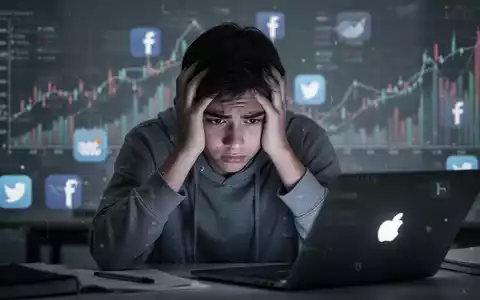 Ein junger Student mit den Händen am Kopf, der gestresst vor einem verschwommenen Hintergrund aus Finanzdiagrammen und Social-Media-Symbolen sitzt. - Foto: über boerse-global.de