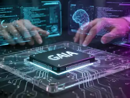 Ein stilisierter KI-Chip, möglicherweise mit der Aufschrift 'GAIA', auf einer transparenten Leiterplatte, mit holografischen Diagnosedaten im Hintergrund. - Foto: über boerse-global.de