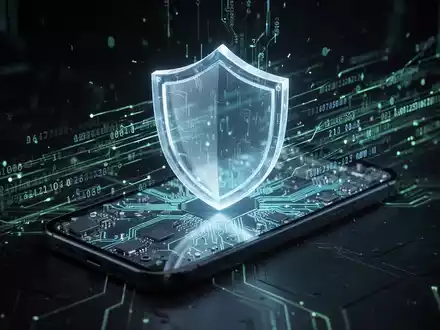 Ein stilisiertes, leuchtendes Schild schützt die Schaltkreise eines Smartphones, umgeben von digitalen Datenströmen. - Foto: über boerse-global.de