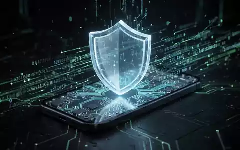 Ein stilisiertes, leuchtendes Schild schützt die Schaltkreise eines Smartphones, umgeben von digitalen Datenströmen. - Foto: über boerse-global.de