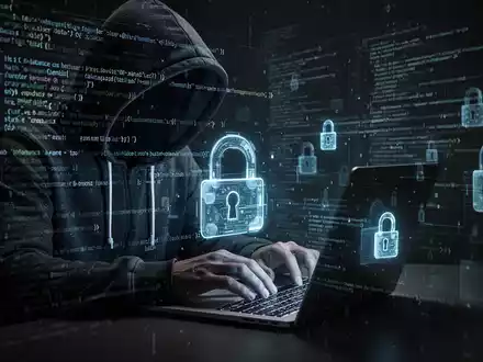 Verschattete Gestalt in Kapuzenjacke tippt auf Laptop, umgeben von leuchtenden Codezeilen und digitalen Sicherheitssymbolen. - Foto: über boerse-global.de