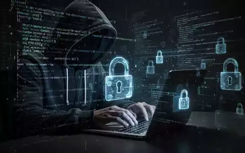 Verschattete Gestalt in Kapuzenjacke tippt auf Laptop, umgeben von leuchtenden Codezeilen und digitalen Sicherheitssymbolen. - Foto: über boerse-global.de