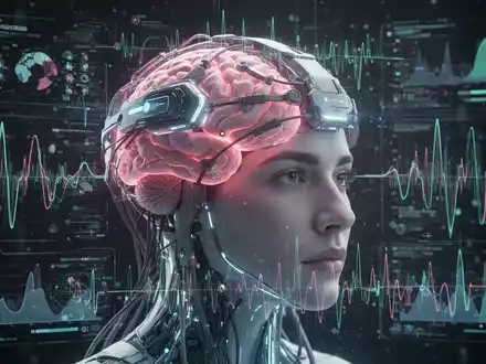 Nahaufnahme einer futuristischen Gehirnüberwachungstechnologie, die mit einem menschlichen Kopf verbunden ist, mit überlagerten Datenströmen. - Foto: über boerse-global.de