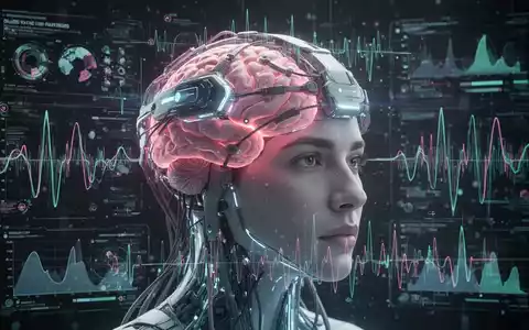 Nahaufnahme einer futuristischen Gehirnüberwachungstechnologie, die mit einem menschlichen Kopf verbunden ist, mit überlagerten Datenströmen. - Foto: über boerse-global.de