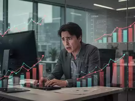Eine gestresste Person sitzt an einem Computer in einem modernen Büro mit Diagrammen, die steigende Stresslevel zeigen. - Foto: über boerse-global.de