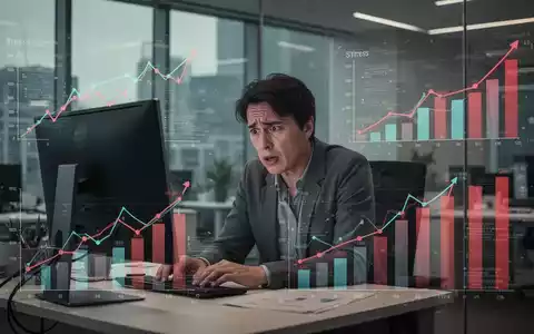 Eine gestresste Person sitzt an einem Computer in einem modernen Büro mit Diagrammen, die steigende Stresslevel zeigen. - Foto: über boerse-global.de
