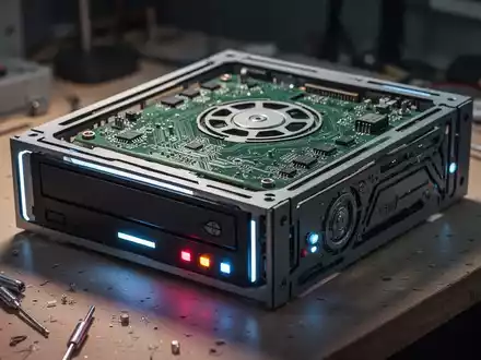 Nahaufnahme eines selbstgebauten Audioplayers aus einem alten Computer-Laufwerk, mit Innenleben und schlichtem Gehäuse. - Foto: über boerse-global.de