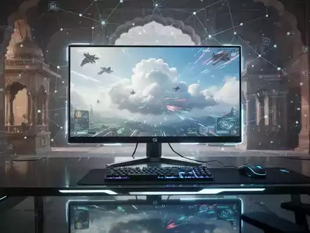 Moderner Gaming-Setup mit leuchtendem Bildschirm, der ein Cloud-Spiel zeigt, spiegelt sich auf einem schlanken Schreibtisch. Dezente indische Motive im Hintergrund. - Foto: über boerse-global.de