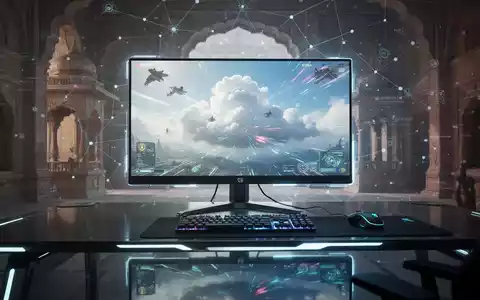 Moderner Gaming-Setup mit leuchtendem Bildschirm, der ein Cloud-Spiel zeigt, spiegelt sich auf einem schlanken Schreibtisch. Dezente indische Motive im Hintergrund. - Foto: über boerse-global.de