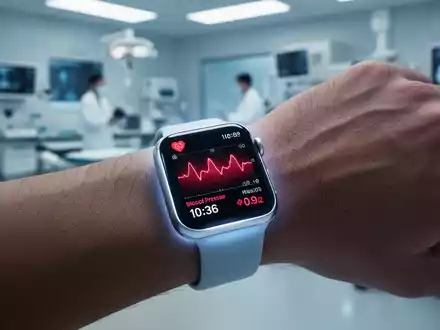 Eine Apple Watch am Handgelenk zeigt Gesundheitsdaten wie Herzfrequenz und Blutdruck auf einem leuchtenden Bildschirm in einer modernen medizinischen Umgebung. - Foto: über boerse-global.de