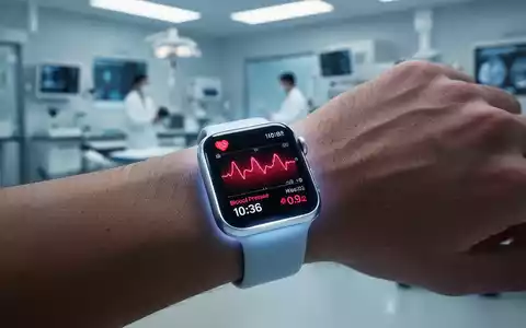 Eine Apple Watch am Handgelenk zeigt Gesundheitsdaten wie Herzfrequenz und Blutdruck auf einem leuchtenden Bildschirm in einer modernen medizinischen Umgebung. - Foto: über boerse-global.de