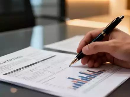 Eine Hand hält einen Stift über einem Finanzdokument mit rechtlichen Formularen und Diagrammen in einem modernen Büro. - Foto: über boerse-global.de