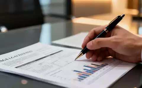 Eine Hand hält einen Stift über einem Finanzdokument mit rechtlichen Formularen und Diagrammen in einem modernen Büro. - Foto: über boerse-global.de