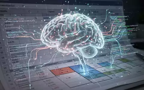 Leuchtendes, abstraktes KI-Gehirn über einer Tabelle, Daten- und Codezeilen verbinden Zellen, symbolisiert fortschrittliche Automatisierung. - Foto: über boerse-global.de